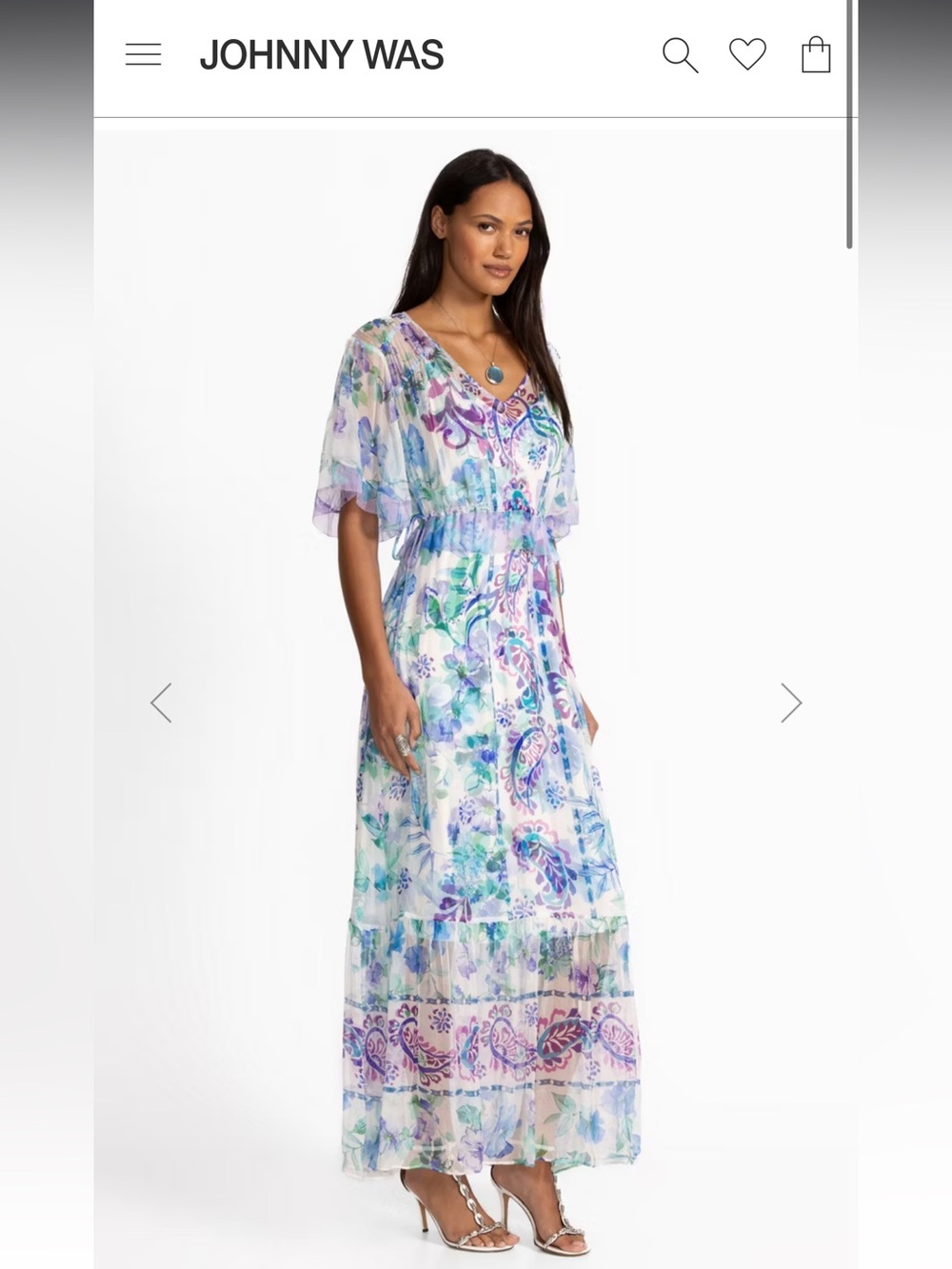$550 Johnny Was Annamarie Flutter Maxi Dress Lavender & Aqua Floral Maxi Dress